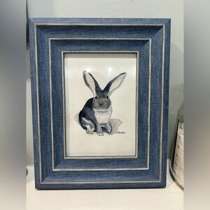 Framed Rabbit Watercolor Art in Blue Frame